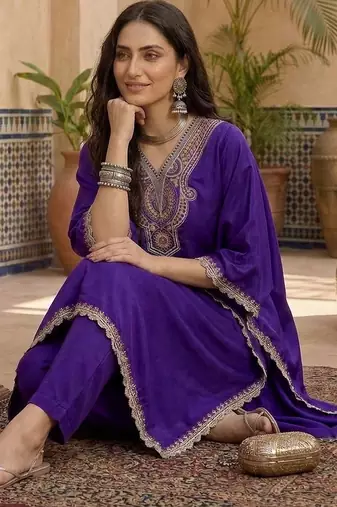 embroidered  v-neck kurta & trousers
