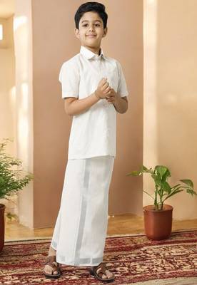 silver woven-design pure cotton boys' shirt 4