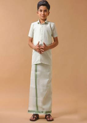 green cotton boys shirt with traditional veshti outfit 1
