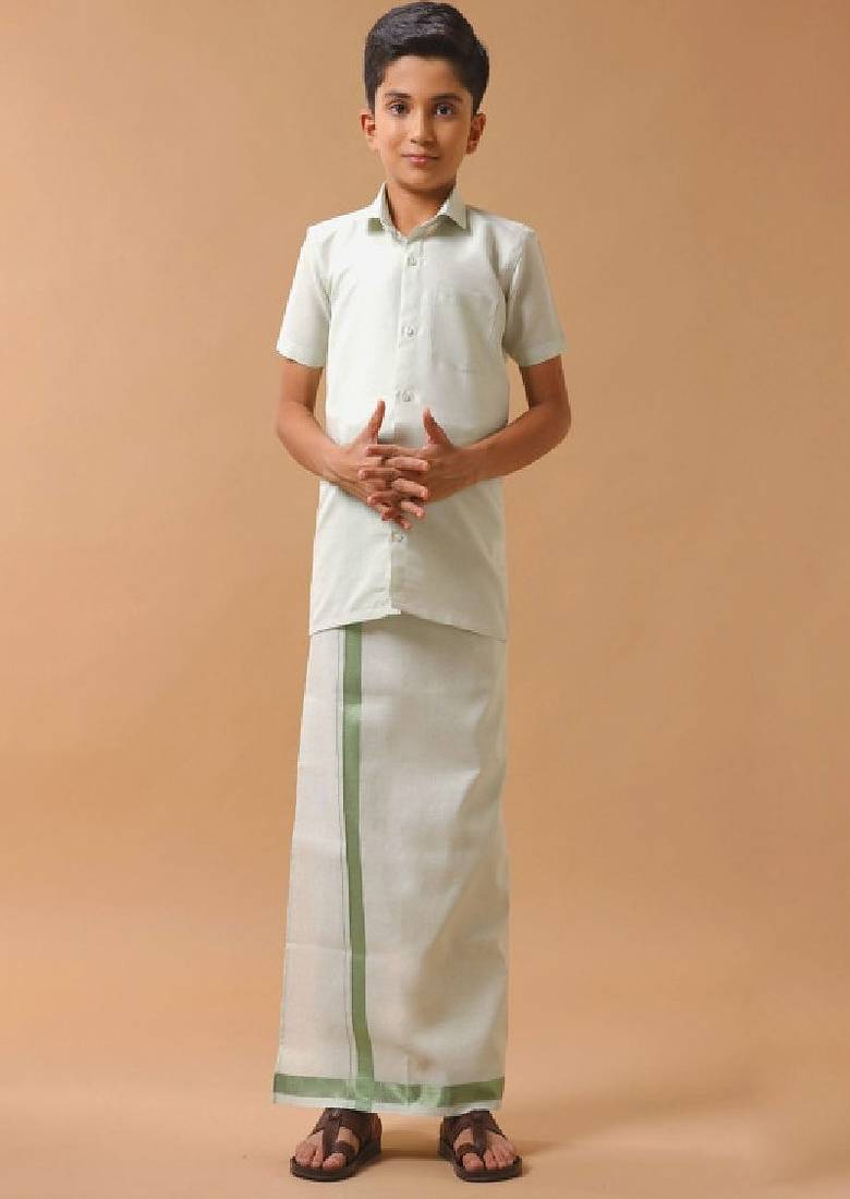 Green pure cotton shirt with veshti - boys shirts