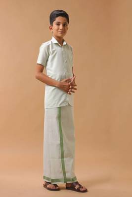 green cotton boys shirt with traditional veshti outfit 4