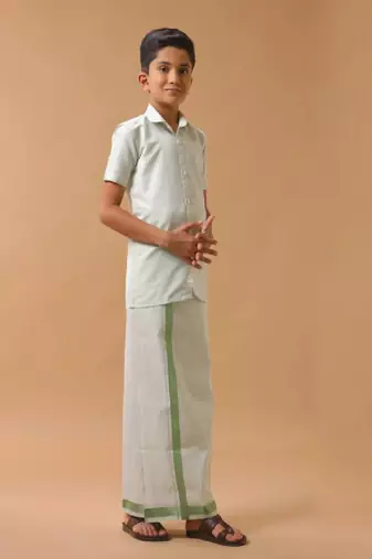 Green pure cotton shirt with veshti - boys shirts