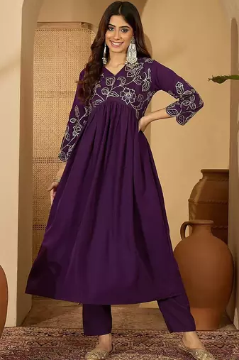 floral embroidered empire sequinned a-line kurta with trouser