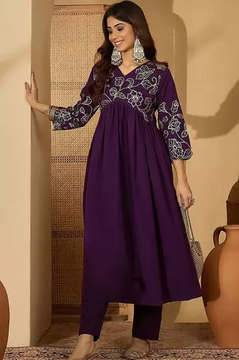 floral embroidered empire sequinned a-line kurta with trouser