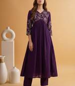 embroidered poly crepe v-neck kurta & trousers