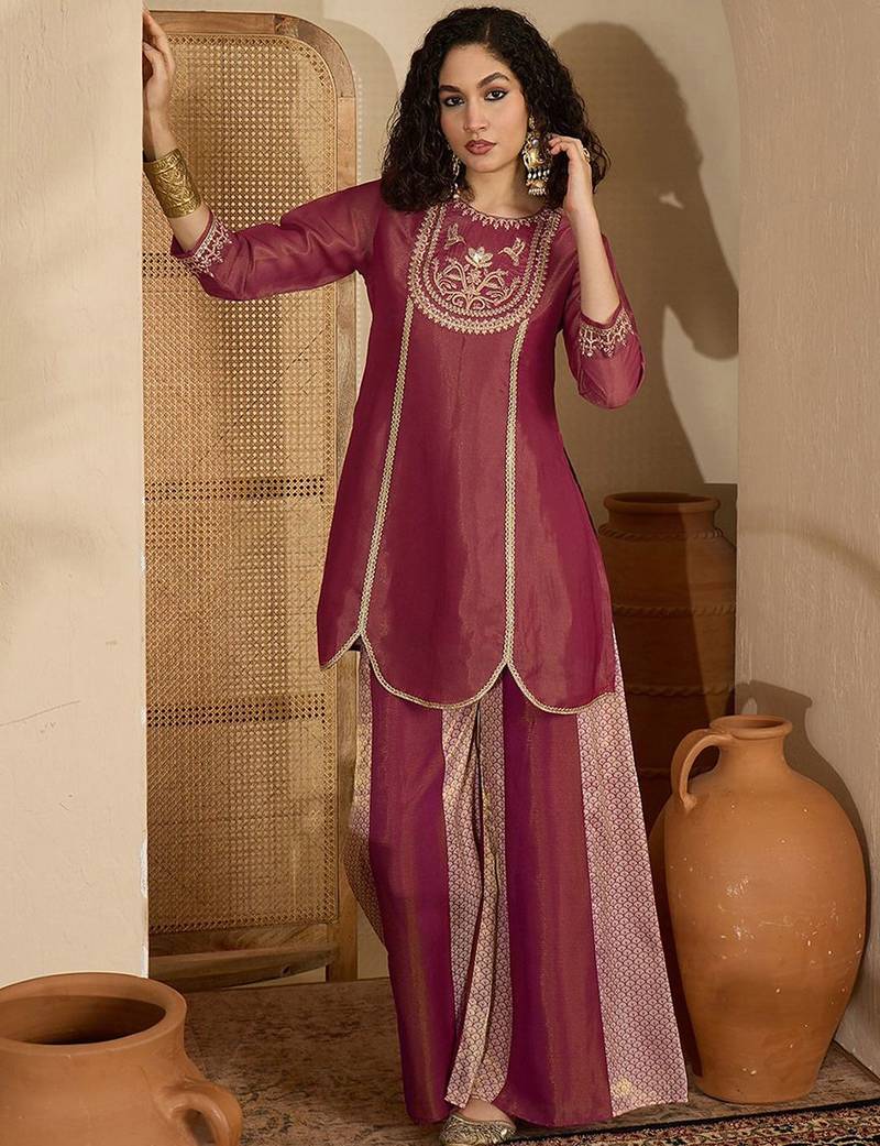 women ethnic motifs embroidered sequinned kurta with palazzos