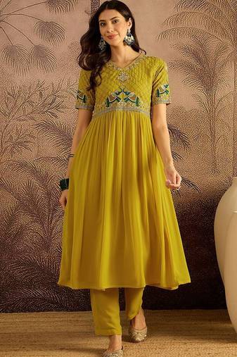 zari sequence thread embroidered a-line kurta with trousers