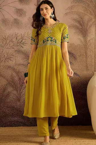 zari sequence thread embroidered a-line kurta with trousers