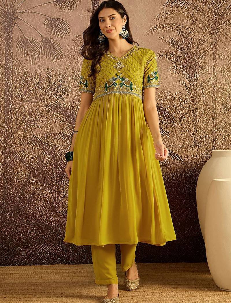 zari sequence thread embroidered a-line kurta with trousers