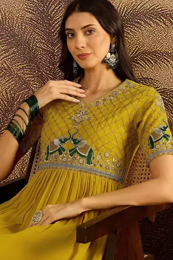 zari sequence thread embroidered a-line kurta with trousers