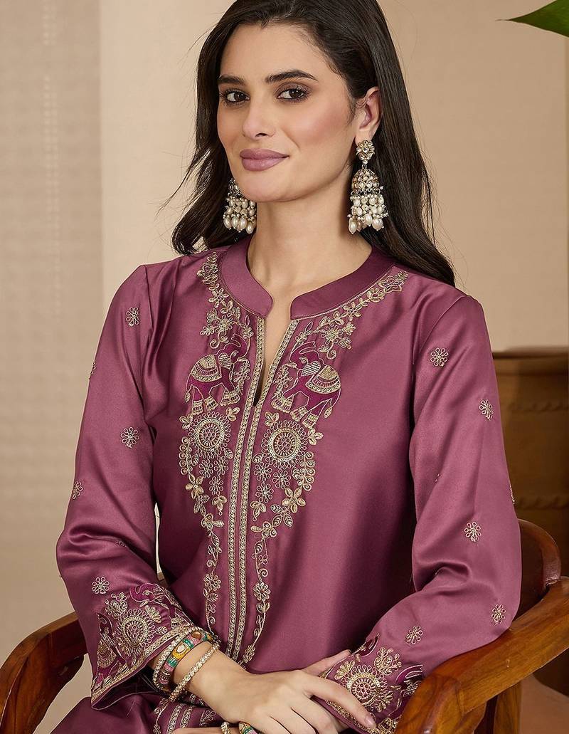 embroidered round neck straight kurta & trousers