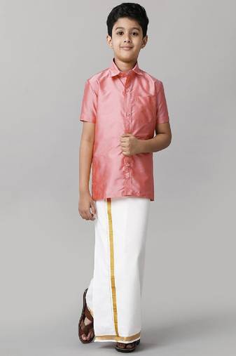 pink silk blend boys' shirt and dhoti set