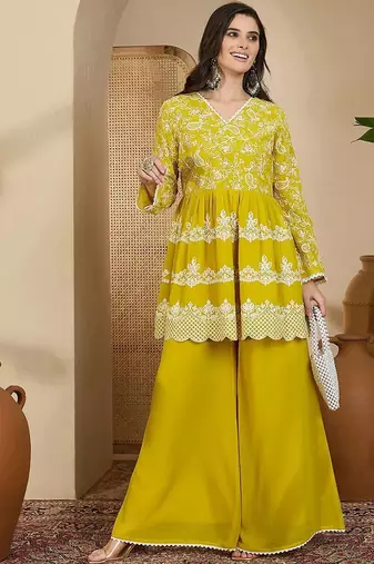 embroidered v- neck kurta & palazzos