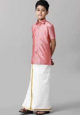 pink silk blend boys' shirt and dhoti set 3