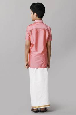pink silk blend boys' shirt and dhoti set 4