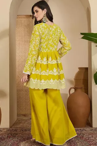 embroidered v- neck kurta & palazzos