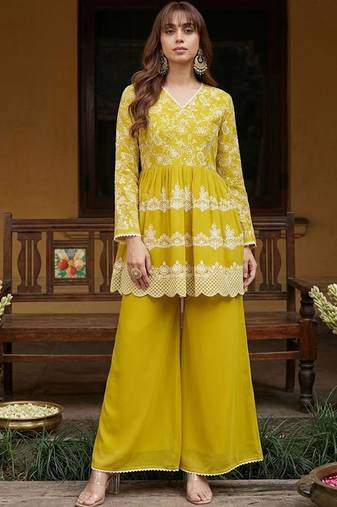 embroidered v-neck kurta & palazzos