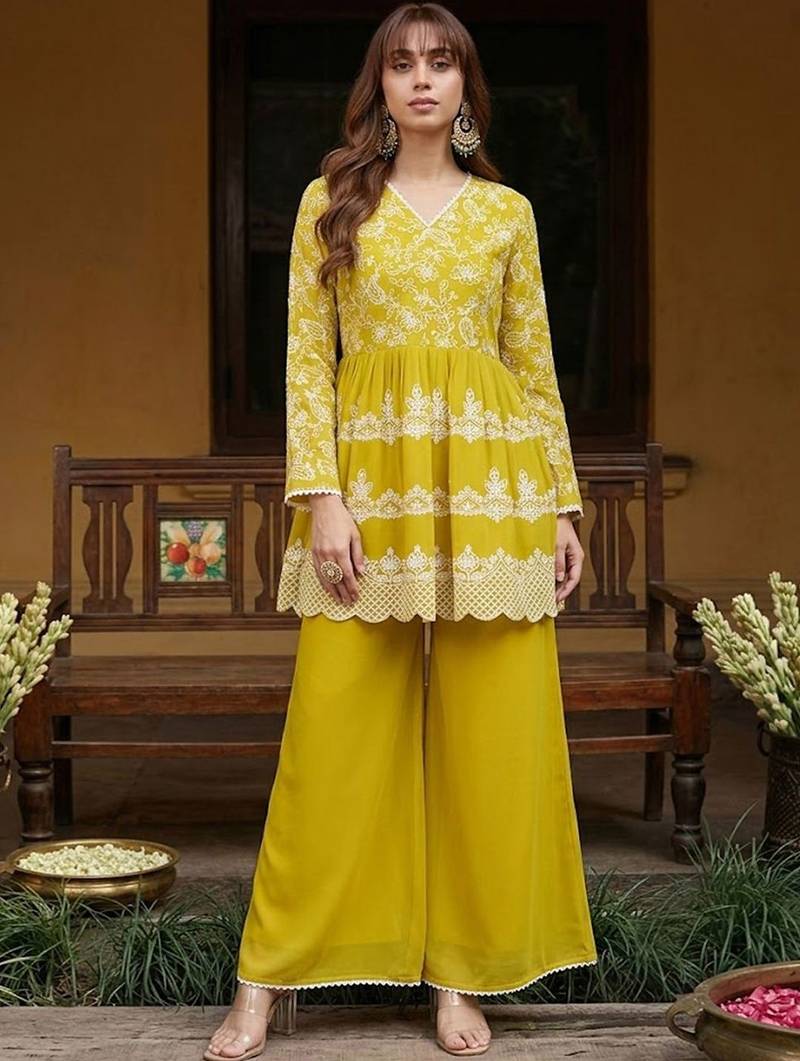 embroidered v-neck kurta & palazzos