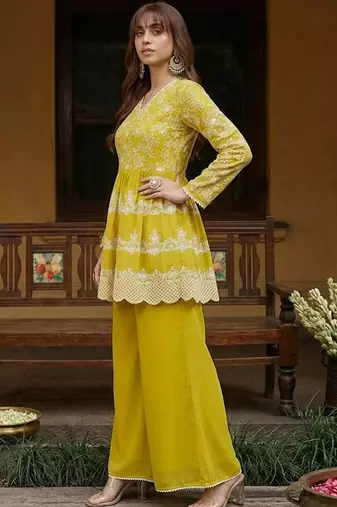 embroidered v-neck kurta & palazzos