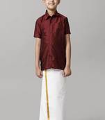 Maroon silk blend plain shirt with dhoti - boys-shirts
