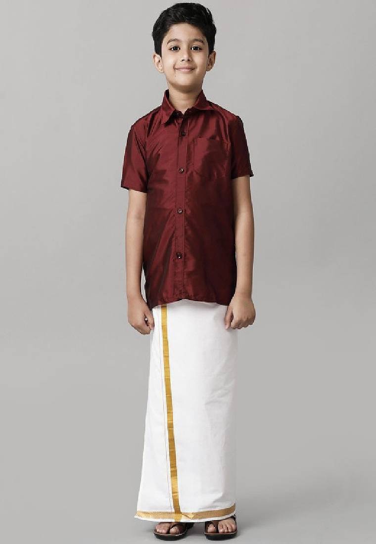 Maroon silk blend plain shirt with dhoti - boys-shirts