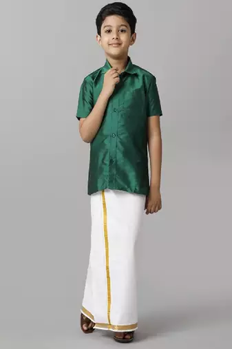 Green silk blend short sleeves shirt boys shirts