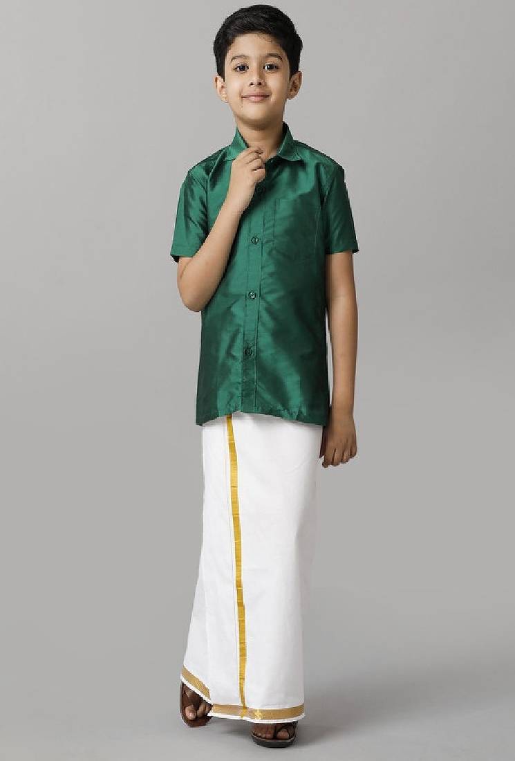 Green silk blend short sleeves shirt boys shirts