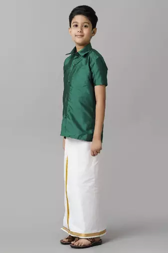 Green silk blend short sleeves shirt boys shirts