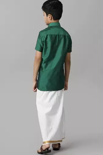 Green silk blend short sleeves shirt boys shirts