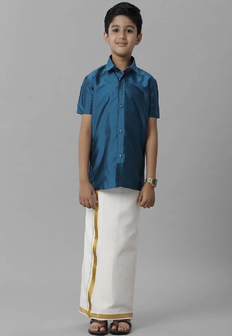 Blue plain silk blend shirt boys shirts