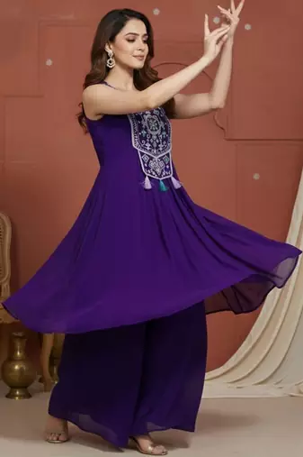 embroidered  round neck kurta & palazzos kurta sets