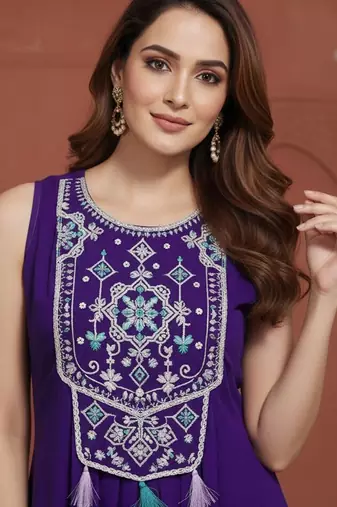 embroidered  round neck kurta & palazzos kurta sets
