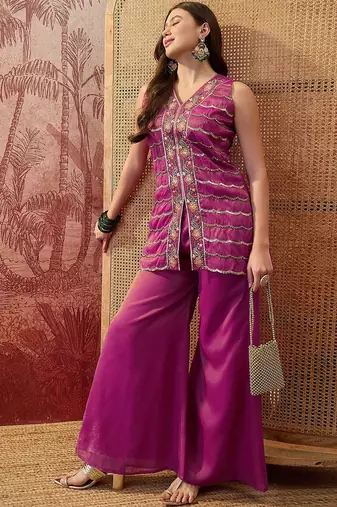 embroidered  v-neck kurta & palazzos kurta sets