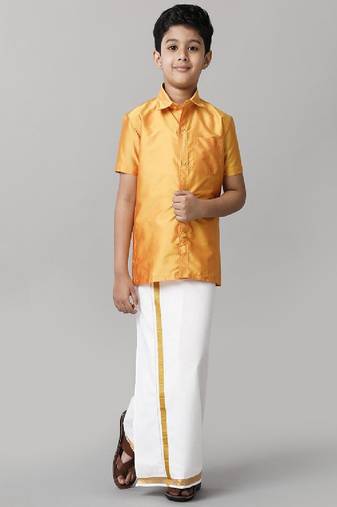 yellow silk blend boys' shirt and dhoti set