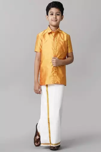 Yellow plain silk blend shirt dhoti - boys shirts