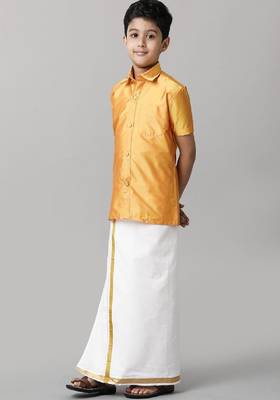 yellow silk blend boys' shirt and dhoti set 3