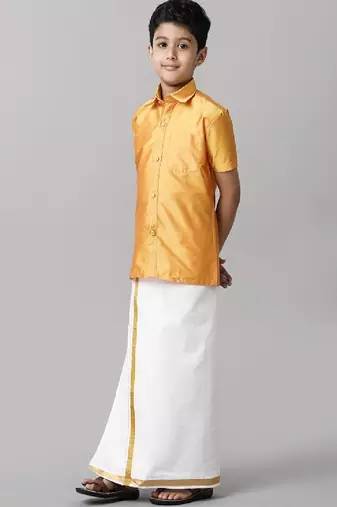 Yellow plain silk blend shirt dhoti - boys shirts