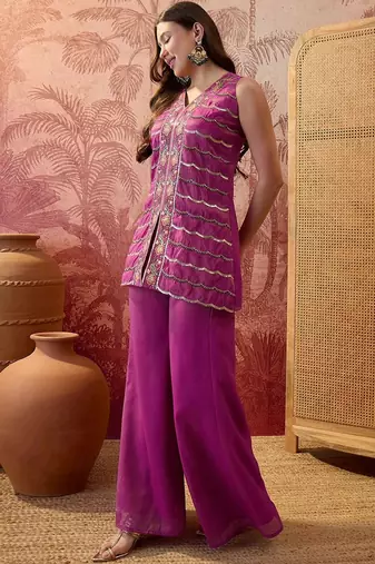 embroidered  v-neck kurta & palazzos kurta sets