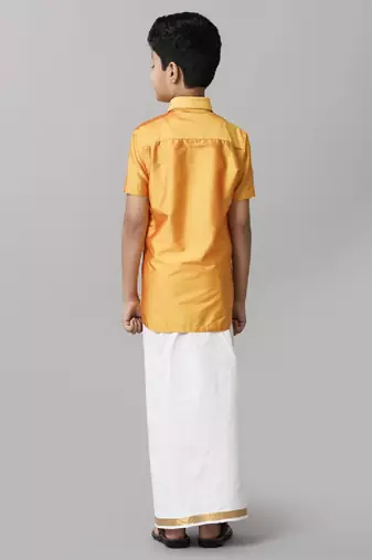 Yellow plain silk blend shirt dhoti - boys shirts
