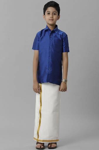 blue silk blend boys' shirt and dhoti set