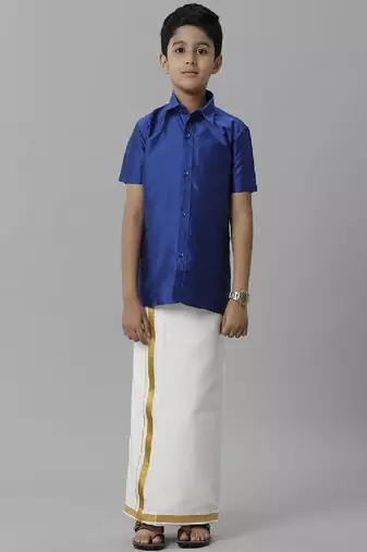 Blue silk blend shirt dhoti set boys shirts