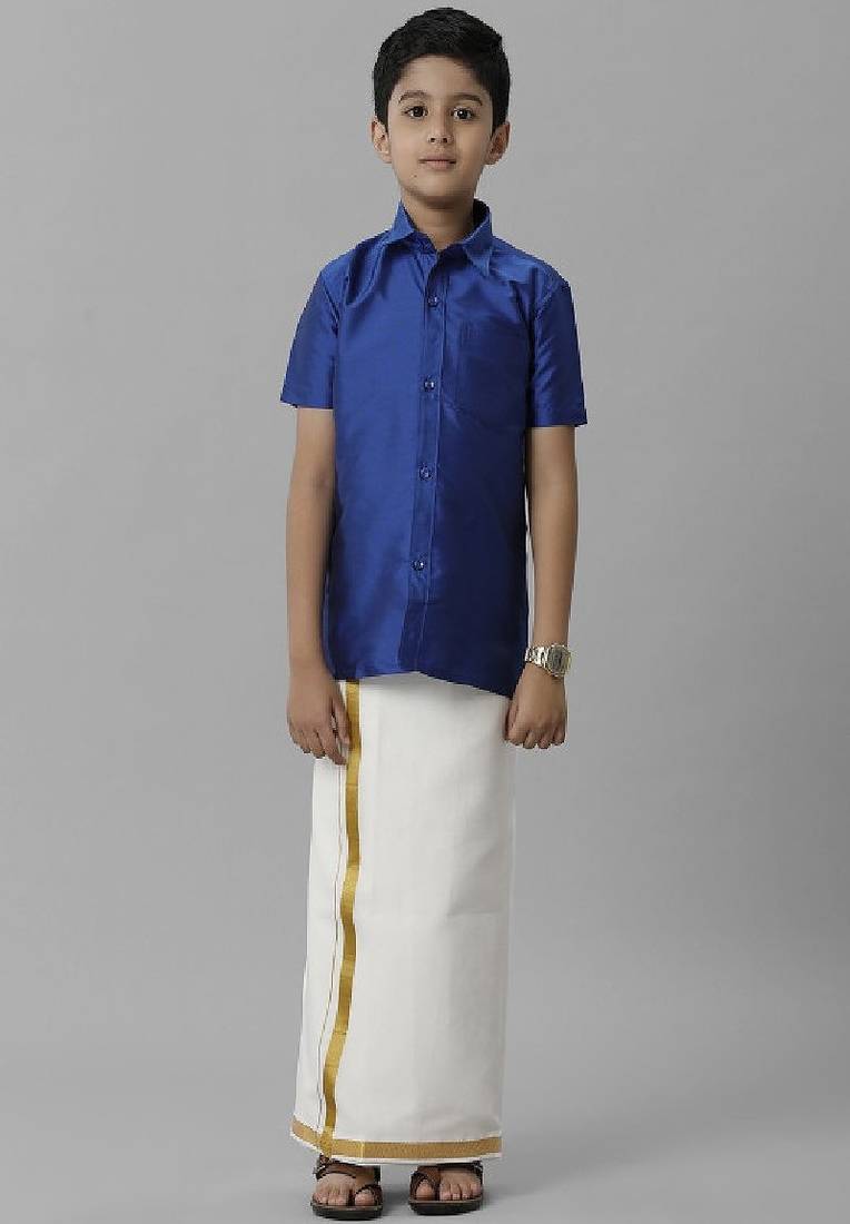 Blue silk blend shirt dhoti set boys shirts