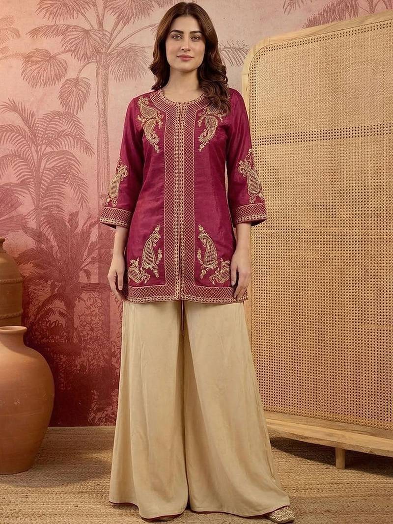embroidered round neck kurta & palazzos kurta set