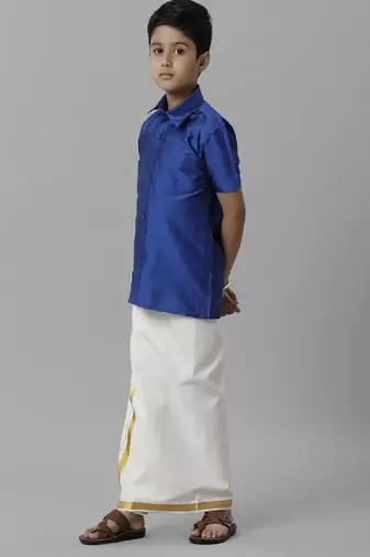 Blue silk blend shirt dhoti set boys shirts