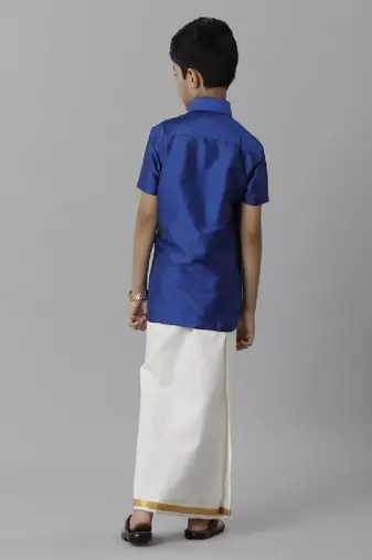 Blue silk blend shirt dhoti set boys shirts