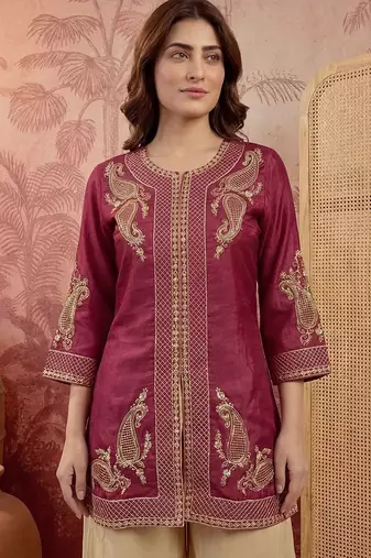 embroidered round neck kurta & palazzos kurta set