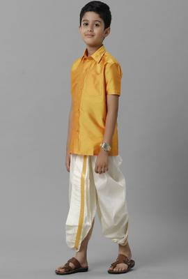 yellow polyester boys shirt with plain dhoti set 3
