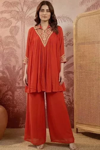 embroidered mandarin collar kurta & palazzos