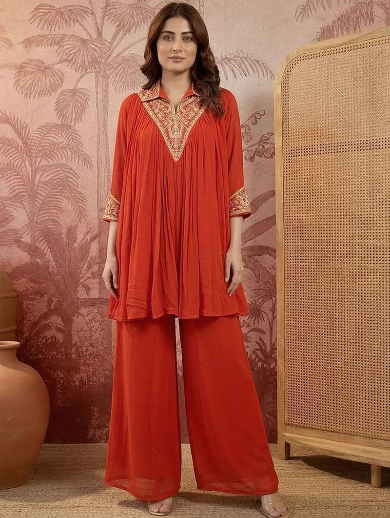 embroidered mandarin collar kurta & palazzos