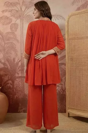 embroidered mandarin collar kurta & palazzos